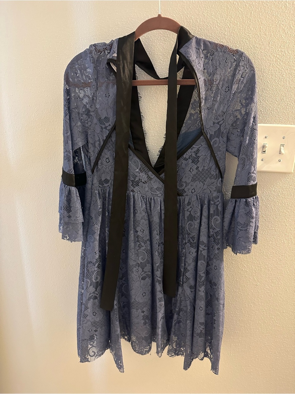 Free People dusty blue lace dress with black ribbon